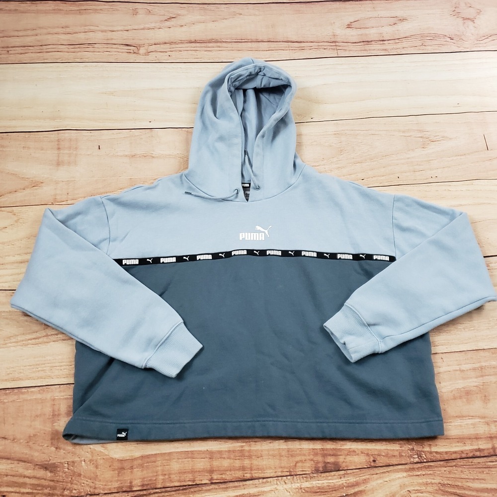 Puma Sweater Womens Medium Blue White Cropped Outdoors Hooded Logo Ladies M